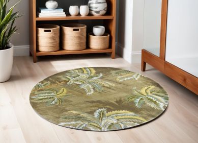 5' Moss Green And Yellow Wool Tropical Botanical Hand Tufted Round Rug
