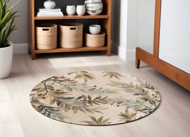 6' Ivory Brown And Blue Wool Botanical Leaves Hand Tufted Round Rug
