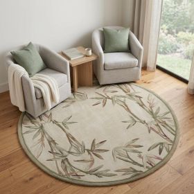 6' Ivory Green And Brown Wool Botanical Leaves Hand Tufted Round Rug