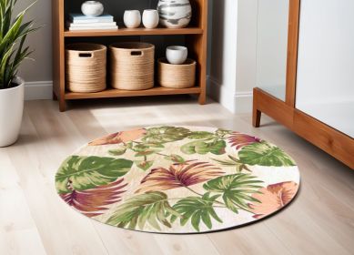 6' Beige Green And Pink Wool Botanical Leaves Hand Tufted Round Rug