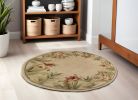 5' Beige Red And Green Wool Tropical Floral Hand Tufted Round Rug