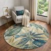 5' Ivory Teal And Green Wool Tropical Botanical Hand Tufted Round Rug
