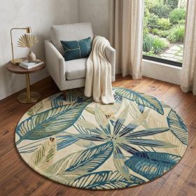 5' Ivory Teal And Green Wool Tropical Botanical Hand Tufted Round Rug