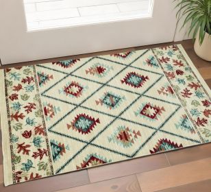 3' X 5' Ivory Blue And Red Southwestern Area Rug