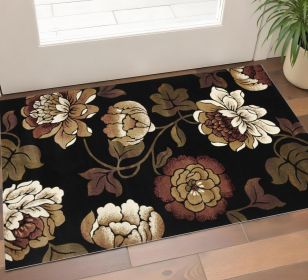 2' X 3' Black Tan And Ivory Floral Area Rug