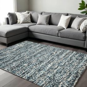 9' X 13' Ivory Blue And Gray Wool Striped Hand Woven Area Rug