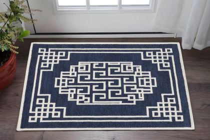 2' X 4' Navy Blue And Ivory Wool Geometric Hand Tufted Area Rug