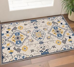 2' X 3' Ivory Blue And Yellow Southwestern Hand Tufted Area Rug