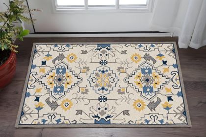 3' X 5' Ivory Blue And Yellow Southwestern Hand Tufted Area Rug