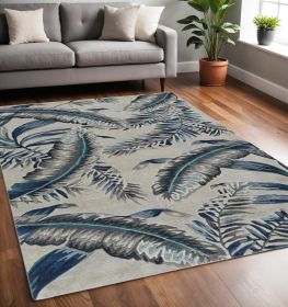 5' X 8' Blue and Gray Wool Botanical Leaves Hand Tufted Area Rug
