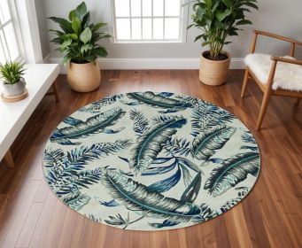 8' Blue And Gray Wool Botanical Leaves Hand Tufted Round Rug