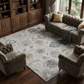 7' X 10' Ivory Gray And Green Wool Floral Hand Tufted Distressed Area Rug