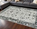 7' Gray And Ivory Floral Medallion Area Rug