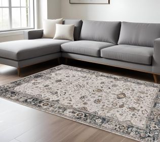 7' X 10' Ivory Gray And Brown Floral Area Rug