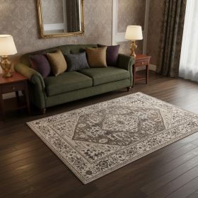5' X 8' Gray Brown And Teal Floral Medallion Area Rug
