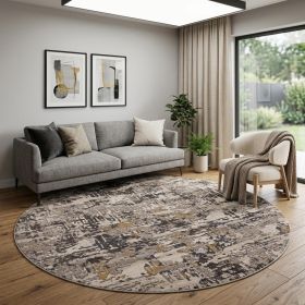 8' Gray Black And Gold Abstract Round Rug
