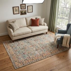 5' X 7' Blue And Beige Jute Floral Hand Woven Area Rug