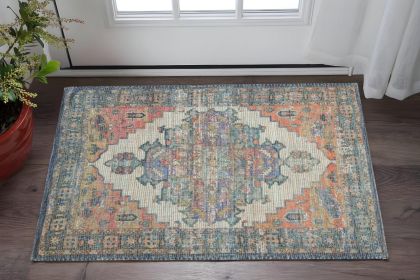 2' X 4' Blue Brick Red And Brown Jute Medallion Hand Woven Distressed Area Rug
