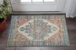 3' X 5' Blue Brick Red And Brown Jute Medallion Hand Woven Distressed Area Rug
