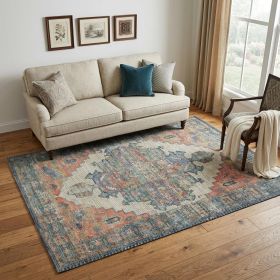 5' X 7' Blue Brick Red And Brown Jute Medallion Hand Woven Distressed Area Rug