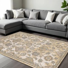 8' X 11' Ivory Beige And Gray Wool Floral Medallion Distressed Area Rug