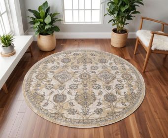 9' Ivory Beige And Gray Wool Floral Medallion Round Rug