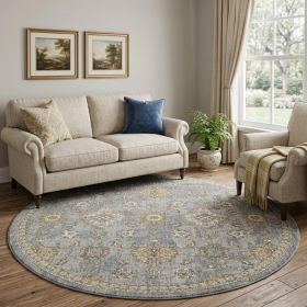 9' Sage Orange And Gray Wool Floral Distressed Round Rug