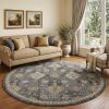 9' Sage And Slate Gray Wool Floral Medallion Distressed Round Rug