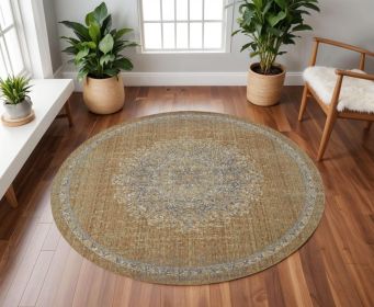 9' Brown And Gray Wool Medallion Distressed Round Rug