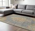 7' X 10' Slate Gray And Orange Wool Medallion Area Rug
