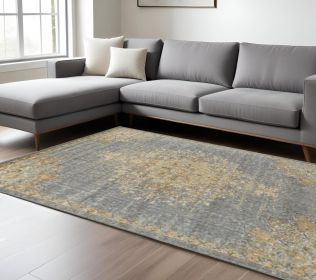 7' X 10' Slate Gray And Orange Wool Medallion Area Rug