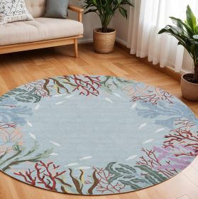8' Blue Red And Pink Fish and Coral Hand Tufted Round Rug
