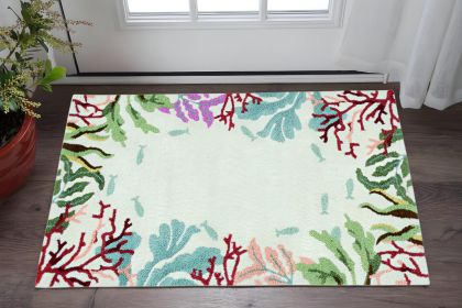 3' X 5' Blue Red And Green Fish and Coral Hand Tufted Area Rug