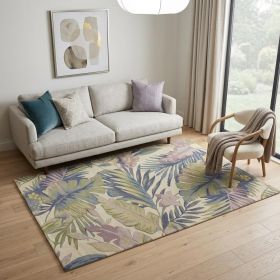 5' X 8' Green Pink And Purple Wool Tropical Botanical Hand Tufted Area Rug