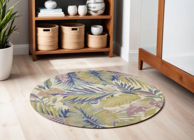 6' Green Pink And Purple Wool Tropical Botanical Hand Tufted Round Rug