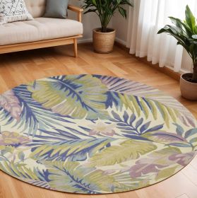 8' Green Pink And Purple Wool Tropical Botanical Hand Tufted Round Rug