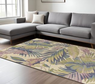 8' X 10' Green Pink And Purple Wool Tropical Botanical Hand Tufted Area Rug