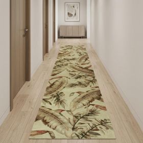 10' Brown Green And Red Wool Tropical Botanical Hand Tufted Runner Rug