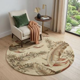 5' Brown Green And Red Wool Tropical Botanical Hand Tufted Round Rug