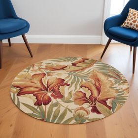 6' Ivory Green And Red Wool Tropical Botanical Hand Tufted Round Rug