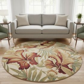 8' Ivory Green And Red Wool Tropical Botanical Hand Tufted Round Rug