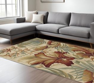 8' X 10' Ivory Green And Red Wool Tropical Botanical Hand Tufted Area Rug