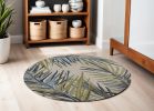 5' Ivory Blue And Green Wool Tropical Botanical Hand Tufted Round Rug