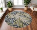 8' Ivory Blue And Green Wool Tropical Botanical Hand Tufted Round Rug