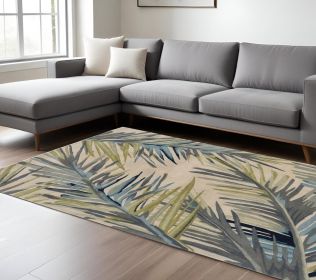 9' X 12' Ivory Blue And Green Wool Tropical Botanical Hand Tufted Area Rug