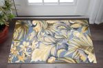 3' X 5' Blue Beige And Green Wool Tropical Botanical Hand Tufted Area Rug