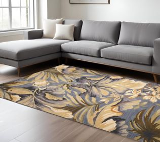 8' X 10' Blue Beige And Green Wool Tropical Botanical Hand Tufted Area Rug