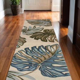 10' Brown Blue And Green Wool Tropical Botanical Hand Tufted Runner Rug