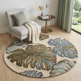 5' Brown Blue And Green Wool Tropical Botanical Hand Tufted Round Rug