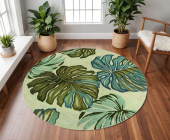 8' Brown Blue And Green Wool Tropical Botanical Hand Tufted Round Rug